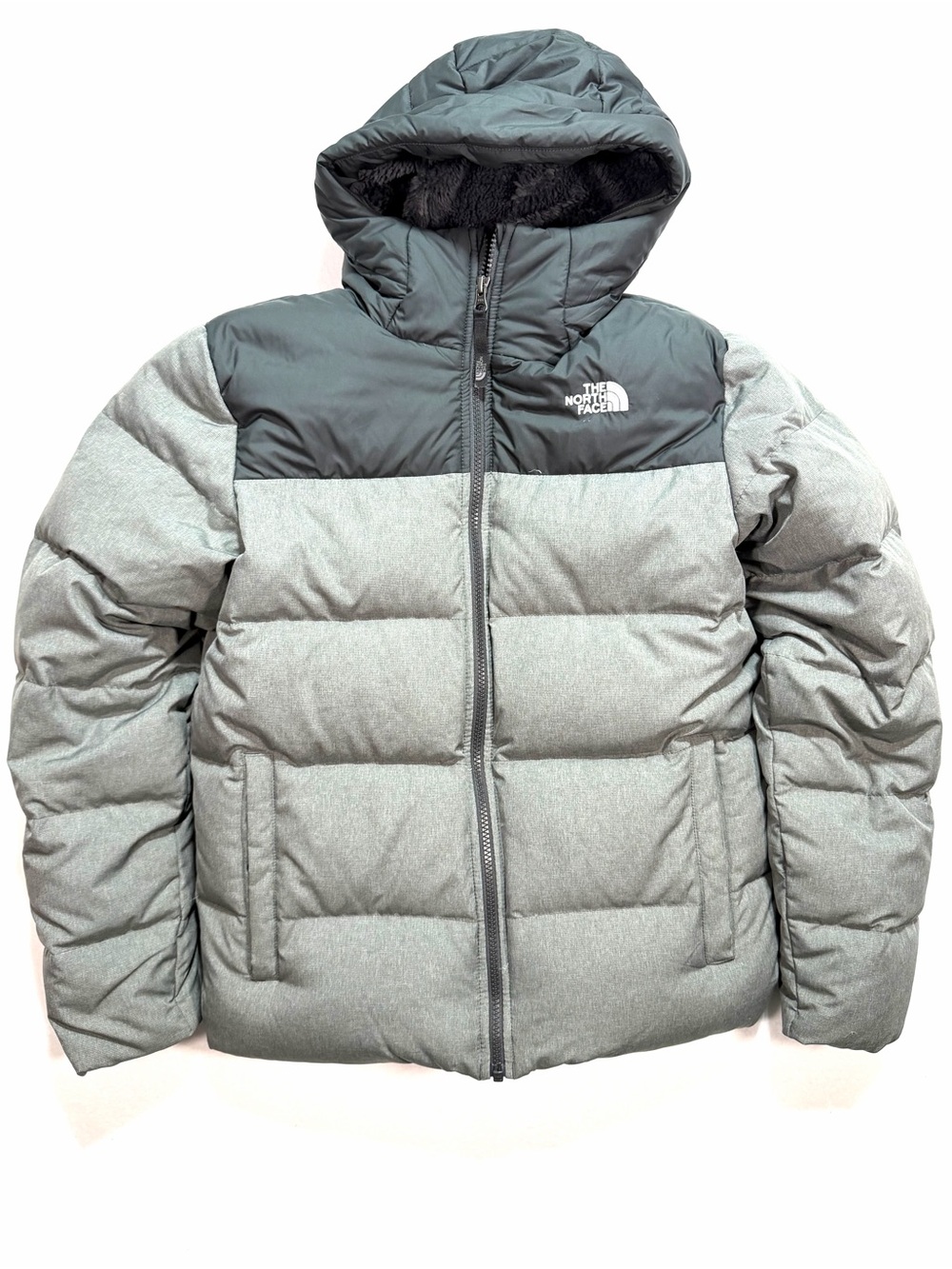 The North Face Boys Puffer Coat Size XL 18-20 Black Grey Warm Jacket Hooded Hood